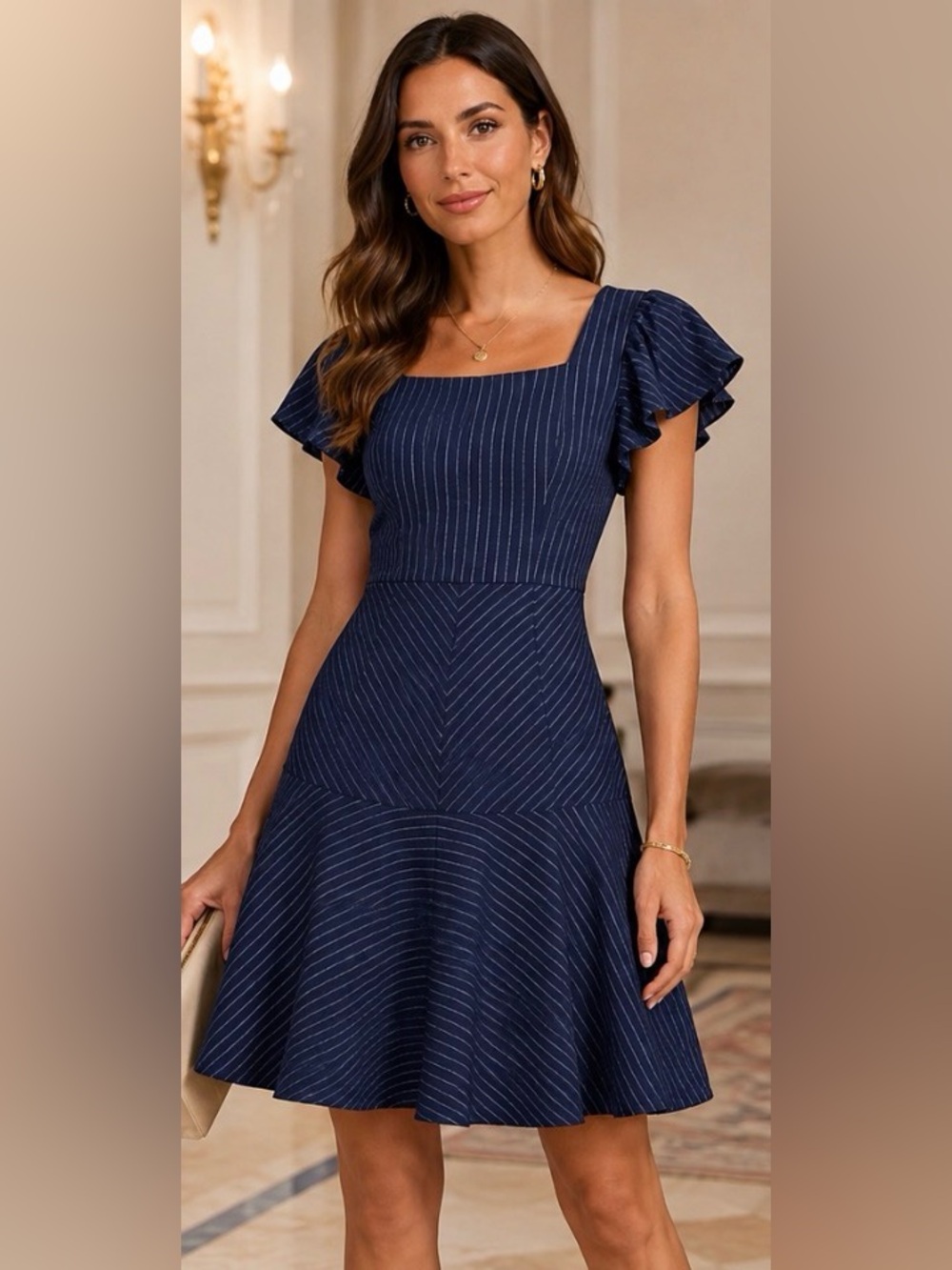 Banana Republic Navy Pinstripe Lined Linen Blend Fit & Flare Dress Size 2